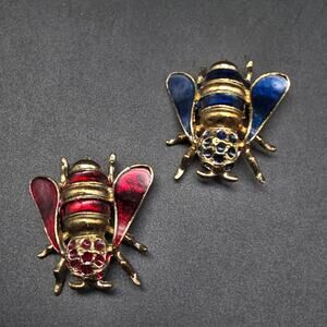 Red Blue Gold Tone Fly Bee Bug Brooches Pair of 2 Vintage Insect Jewelry